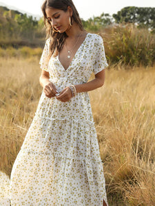 Long Dress Women Summer Boho Sexy Flowers Dress With V-neck White / S Long Dress Women Summer Boho Sexy Flowers Dress With V-neck White / S