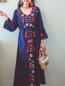 Jolly Vintage Bohemian V Neck Embroidered Floral Flared Long Sleeve Boho Dress