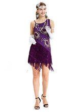 Load image into Gallery viewer, Purple 1920s Sequined Fringed  Flapper Dress