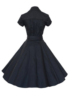 Elegant High Waist V Neck Short Sleeve Solid Color Vintage Dress
