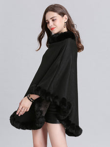 Women Woolen Poncho Faux Fur Shawl Collar Oversized Winter Coat
