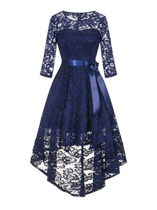 Lace O Neck 3/4 Length Sleeve High Low Hem Vintage Dress