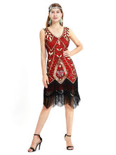 Load image into Gallery viewer, Wine Red 1920s V Neck Sequined Fringed Flapper Dres