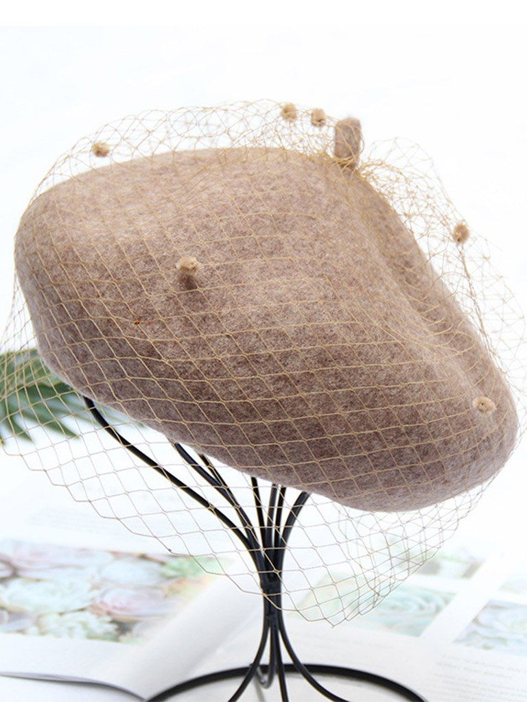 Solid Color Wool Felt Beret Cap Hat With Veil