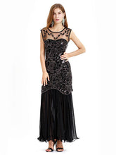 Load image into Gallery viewer, Black Gold 1920s Crew Neck Sequined Flapper Dres