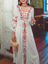 Load image into Gallery viewer, Women&#39;s Bohemian Embroidered Floral V Neck Long Sleeve Cotton Boho Maxi Dress