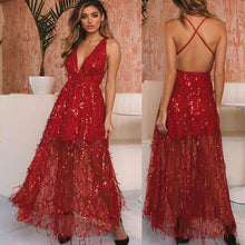 Load image into Gallery viewer, Deep V Sequin Back Cross Prom Maxi Dress