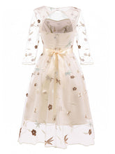 Load image into Gallery viewer, Round Collar Solid Color Embroidered Flower A line Vintage Dress