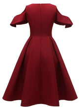 Load image into Gallery viewer, Navy 1950s Open Shoulder Ruffles Vintage Dress