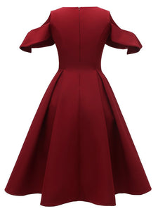 Navy 1950s Open Shoulder Ruffles Vintage Dress