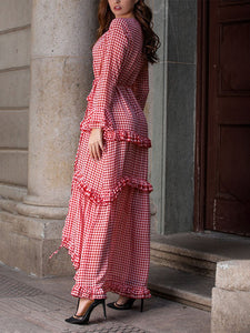 Women's Boho Dress Red Plaid Splid Ruffles Peplum Maxi Dress Cake Dress