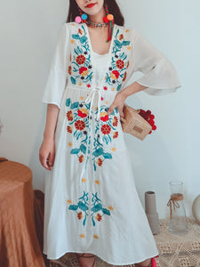 Women's Cotton Embroidered Floral Square Neck Flared Half Sleeve Maxi Boho Dress