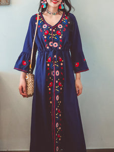 Jolly Vintage Bohemian V Neck Embroidered Floral Flared Long Sleeve Boho Dress