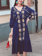 Load image into Gallery viewer, Women&#39;s Bohemian Floral Embroidered V Neck 3/4 Sleeves Front Split Button Maxi Boho Dress
