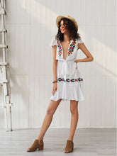Load image into Gallery viewer, Women&#39;s Boho Dress Deep V Neck Embroidered Short Sleeve Midi Length Dress