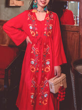 Load image into Gallery viewer, Jolly Vintage Women&#39;s Embroidered Floral Long Sleeves Square Neck Boho Dress