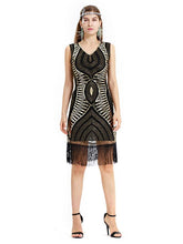 Load image into Gallery viewer, Black Gold 1920s V Neck Sequined Fringed Flapper Dress