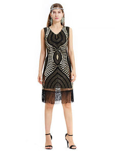 Black Gold 1920s V Neck Sequined Fringed Flapper Dress