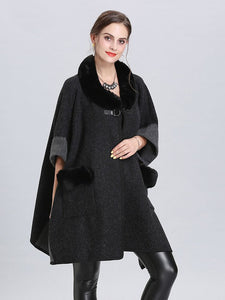 Faux Fur Coat Wool Cape Coat Half Sleeve Women ‘s Overcoat With Pockets
