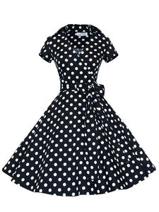 Elegant High Waist V Neck Short Sleeve Dots Vintage Dress