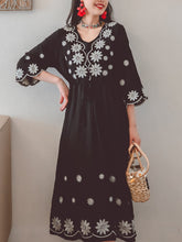 Load image into Gallery viewer, Jolly Vintage Women&#39;s Embroidered Floral 3/4 Sleeves V Neck Boho Dress