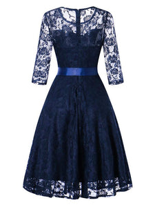 Elegant Lace Semi Sheer Crewneck A Line Vintage Dress