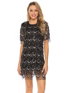 Sequin O Neck  Fringe Party Prom Dress