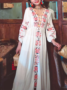 Women's Bohemian Embroidered Floral V Neck Long Sleeve Cotton Boho Maxi Dress