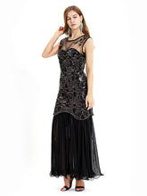 Load image into Gallery viewer, Black Gold 1920s Crew Neck Sequined Flapper Dres