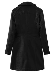 Women's Coat PU Leather Turndown Collar Fall Winter Plush Regular Midi Length Coat Solid Color Coat