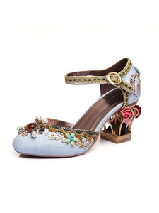 Luxury Floral Gem Studded Heels Ankle Strap Vintage Wedding Shoes