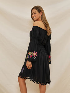 Women's Boho Dress Black Off Shoulder Floral Embroidered Dress