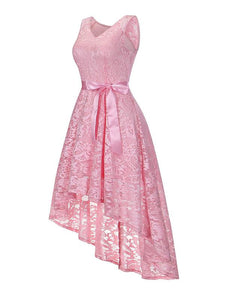 Lace V Neck Sleeve Less High Low Hem Vintage Dress