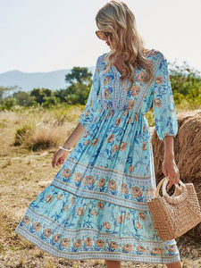 Women's Floral Boho Dress Half Sleeve V Neck Beach Party Dress