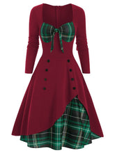 Load image into Gallery viewer, 1950S Bow Heart Collar Plaid Long Sleeve Swing Dress