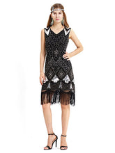 Load image into Gallery viewer, Black Gold 1920s V Neck Sequined Flapper Dres