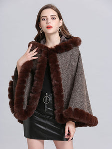 Hooded Winter Coat Faux Fur Long Sleeve Open Front Luxurious Cape Coat For Women