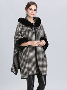 Faux Fur Coat Wool Cape Coat Hooded Long Sleeve Women Gingham Overcoat 