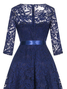 Lace O Neck 3/4 Length Sleeve High Low Hem Vintage Dress