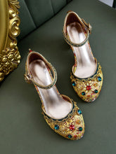 Load image into Gallery viewer, Luxurious Rhinestone Embroidery Floral Block Heel Ankle Strap Vintage Shoes
