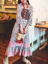 Load image into Gallery viewer, Women&#39;s Bohemian Floral Printed Embroidered Square Neck 3/4 Pleated Sleeve Boho Maxi Dress