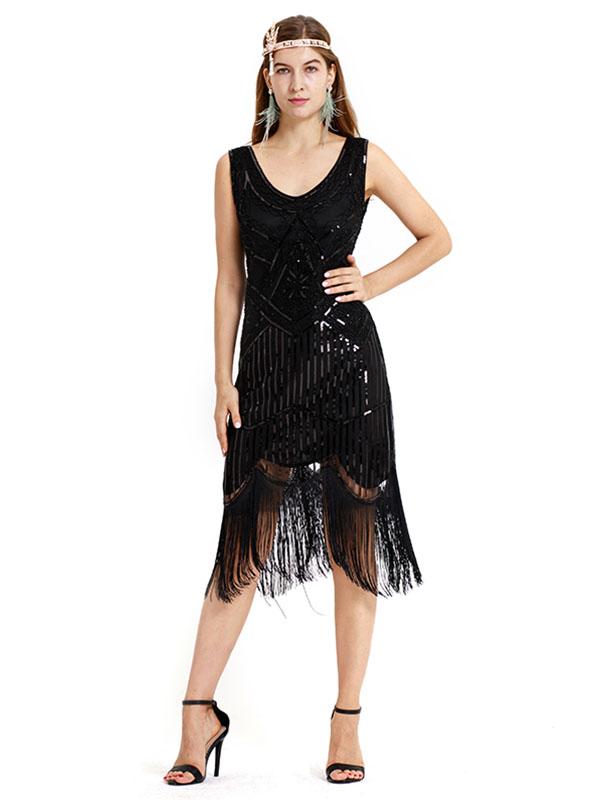 Apricot 1920s Crew Neck Sequined Fringed Flapper Dress Apricot S