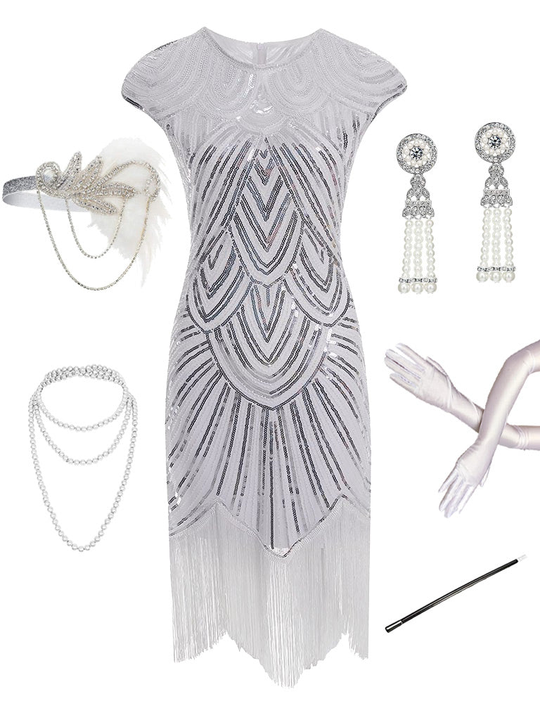 White 1920S Sequined Gatsby Flapper Dress Set, White / 2XL White 1920S Sequined Gatsby Flapper Dress Set, White / 2XL
