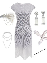 Load image into Gallery viewer, White 1920S Sequined Gatsby  Flapper Dress Set