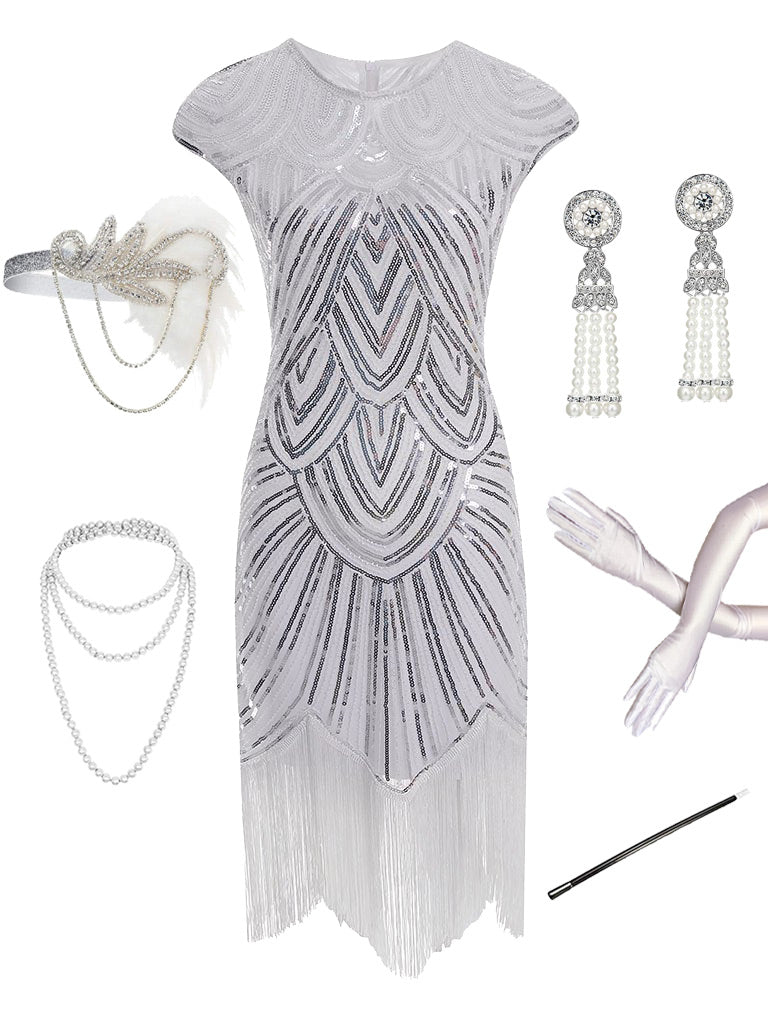 White 1920S Sequined Gatsby  Flapper Dress Set