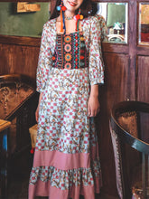 Load image into Gallery viewer, Women&#39;s Bohemian Floral Printed Embroidered Square Neck 3/4 Pleated Sleeve Boho Maxi Dress
