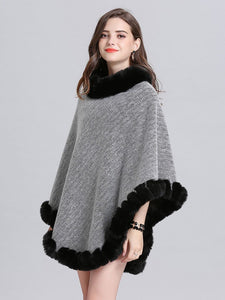 Women Woolen Poncho Faux Fur Shawl Collar Oversized Winter Coat