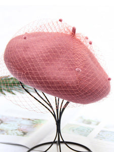 Solid Color Wool Felt Beret Cap Hat With Veil