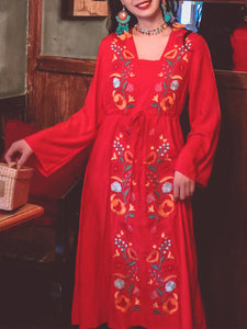 Jolly Vintage Women's Embroidered Floral Long Sleeves Square Neck Boho Dress