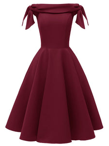 Wine Red 1950s Off Shoulder Bow Dress